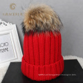 Atacado Personalizado criança criança gorro Mamãe e bebê correspondência de malha de pele de guaxinim real pom pom chapéu inverno